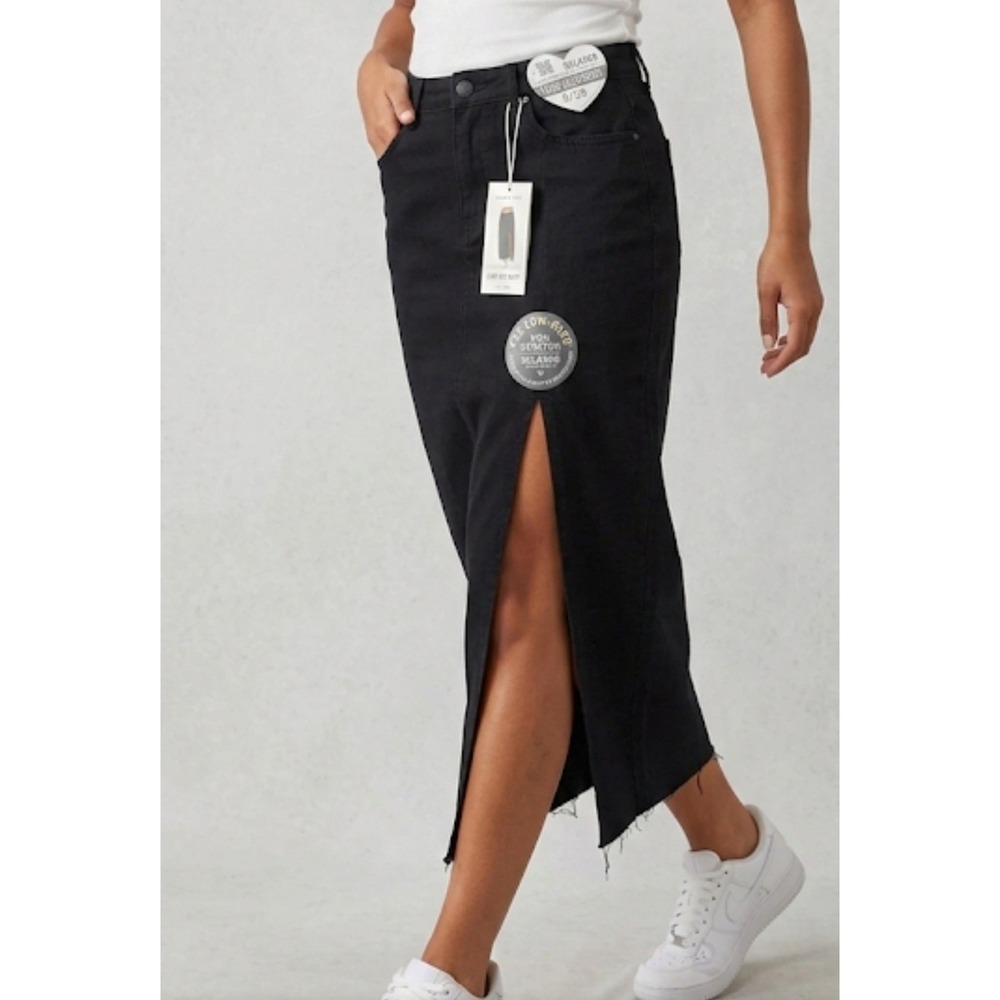 GEMMA RAE Relaxed Low Rise Non Stretch Long‎ Slit Skirt Size 5/27 Color Black
